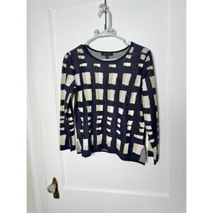 Ann Taylor Navy Gold Plaid Shimmer Metallic Relaxed Lightweight Sweater Small